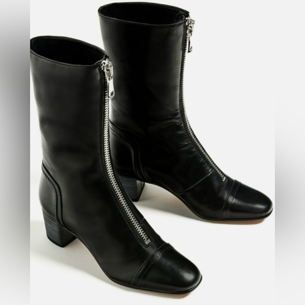Zara Black leather mid heel front zip up boots size 6